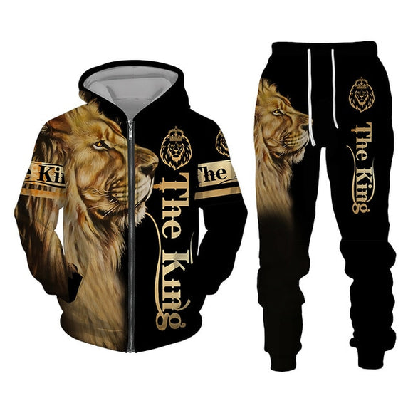Men 3D Lion Print Hoodies Pants Sets